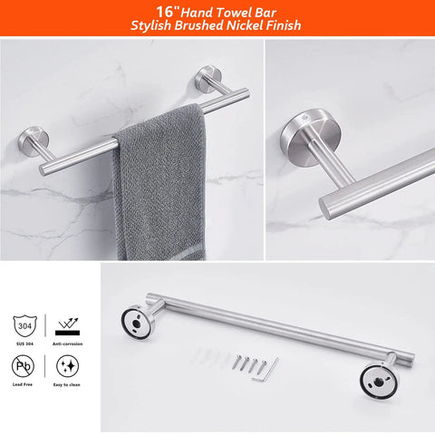 Four-Piece Brushed Nickel Bathroom Hardware Set With 16-Inch Hand Towel Bar on marble wall with mounting kit