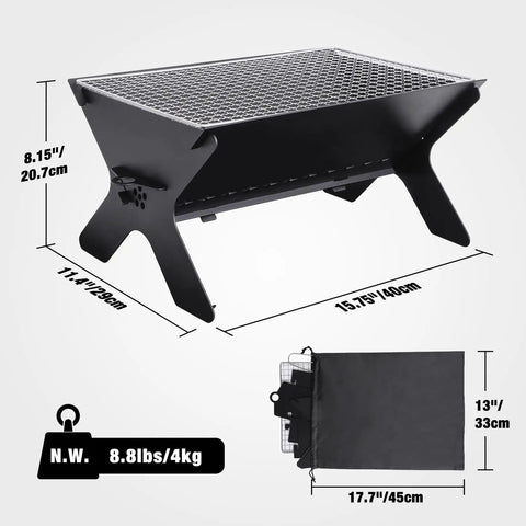 Portable Campfire Grill For Outdoors Large Folding Stainless Steel Fire Pit with Grill and Carry Bag heavy duty charcoal BBQ.