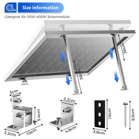 Diagram of Two Pack Adjustable Tilt Solar Panel Mount Brackets Aluminum Alloy Mounting Bracket Stands For Roof Boat Or Flat Surfaces Supports 50W To 400W Panels Easy Install Compatible showing dimensions and components