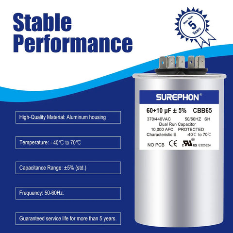60uF And 10uF Dual Run Start Capacitor For AC Unit Fans, Heat Pumps, And Condensers, CBB65 370 To 440 VAC, Five Percent Tolerance
