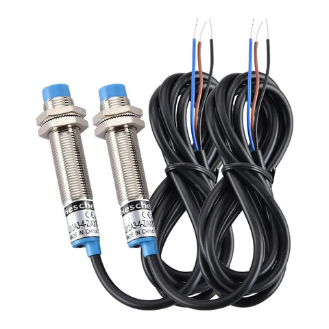 Two-pack of M12 Inductive Proximity Sensor Switch LJ12A3 4 Z AX with 4mm detect distance and 120cm cable.