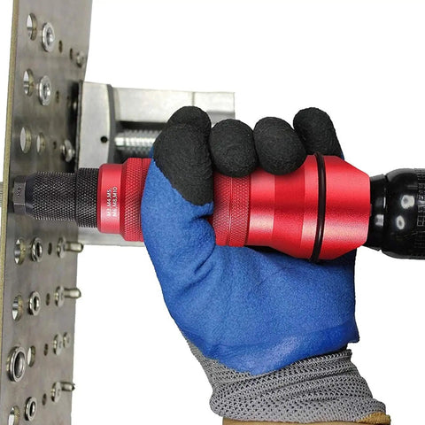 Rivet Nut Drill Adapter Kit With Six Heads And 150 Nuts, Converts Your 18V To 24V Drill Into A Badass Nutsert Installer, Includes M3 To M10 Nuts And Wrench, Great For Aluminum And Steel Projects. red rivet nut adapter on drill clamping metal plate