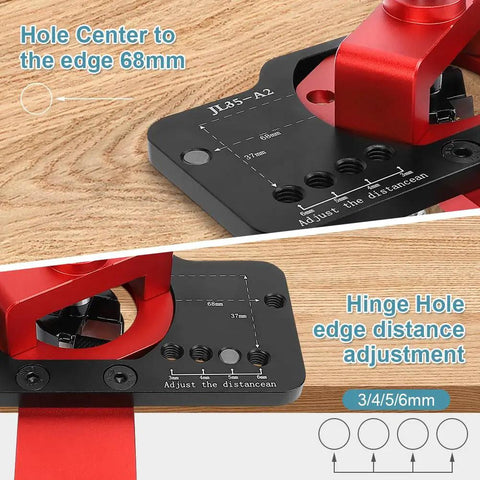 Tough As Nails 35mm Concealed Door Hinge Jig Drill Guide Template showing adjustment markings on a black and red surface.
