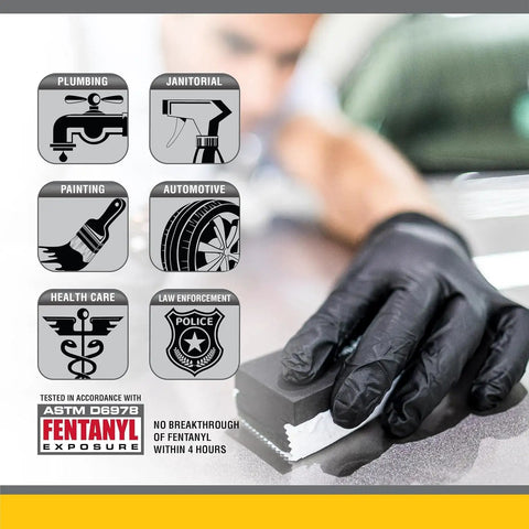 Person wearing Raven Powder Free Nitrile Disposable Gloves X Large 7 Mil Thick Pack Of 100 Black Ambidextrous Exam Grade