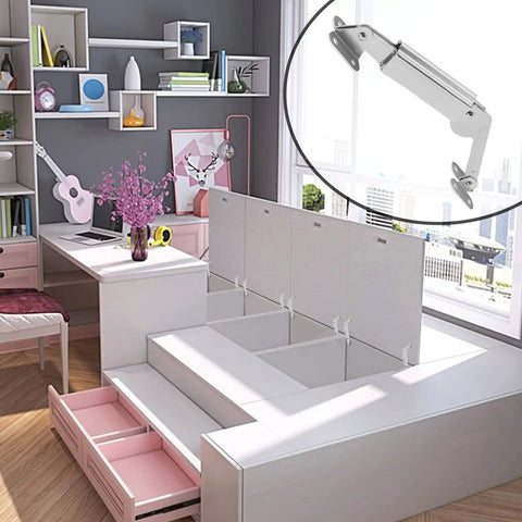 Spring Lid Support Hinges 2 Pack Left And Right Heavy Duty Mounting Hardware For Boxes Cabinets Toy Chests Silver Tone With Eight Mounting Screws Included For Easy Install shown installed in a modern room setting.