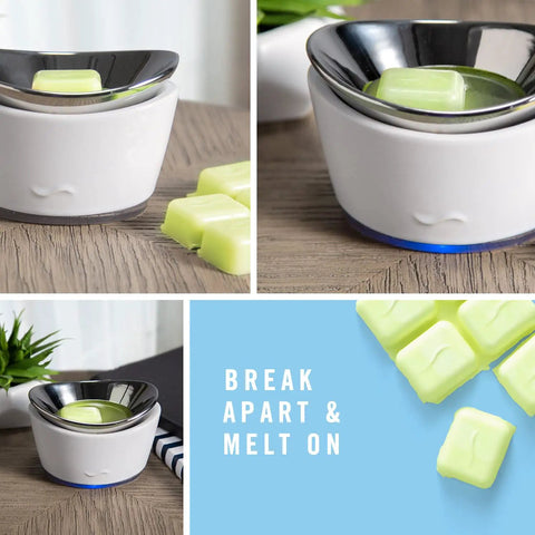 Wax Melts Air Freshener With Gain Original Scent Pack Of 8 melting in wax warmer, with cubes on table background.