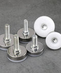 Adjustable Furniture Leveling Feet With Stainless Steel Body And Nylon Base Built To Last Multi Size Set of four, shown with M6/M8/M10 threads and white nylon pads