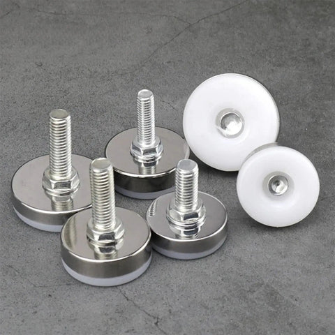Adjustable Furniture Leveling Feet With Stainless Steel Body And Nylon Base Built To Last Multi Size Set of four, shown with M6/M8/M10 threads and white nylon pads