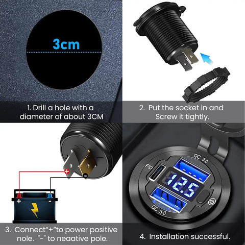 Beefy 12V USB car socket with 3 ports waterproof round aluminum lighter outlet installation steps