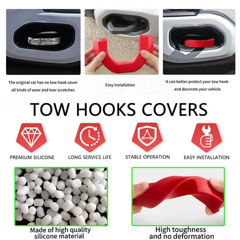 RAM 1500 Tow Hook Covers Red Silicone Rubber Upgrade Front Tow Hook Protector For 2019 To 2025 Models Not For 1500 Classic Warlock 2500 Or 3500 Durable Weatherproof Shield Sleek Finish Exterior Upgrade Protects Tow Hook Area displayed with installation process and features