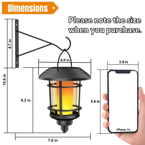 4 Pack Solar Powered Flame Wall Lanterns Outdoor Waterproof Sconce Lights Flickering Led Candles Auto On Off Solid Build Zero Wiring Hassle Slick Backyard Glow Up dimensions next to an iPhone 14 for size reference.