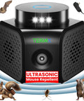 Ultrasonic Pest Repeller Plug In No Touch Solution With 4 Modes Indoor Rodent Deterrent For Home Attic Garage Office Warehouse And RVs Mouse And Rat Repellent That Keeps Pests Away, shown with animal illustrations.