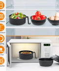 Ramen Cooker Microwave Bowl for Dorms and Offices, 3 In One Noodle Bowl With Drain Feature, BPA Free Black, shown in use and storage