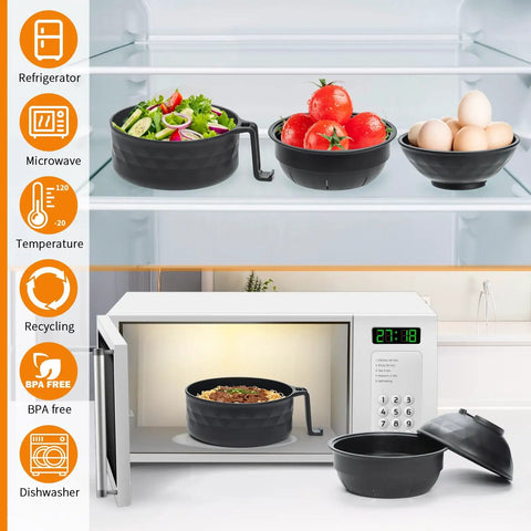 Ramen Cooker Microwave Bowl for Dorms and Offices, 3 In One Noodle Bowl With Drain Feature, BPA Free Black, shown in use and storage