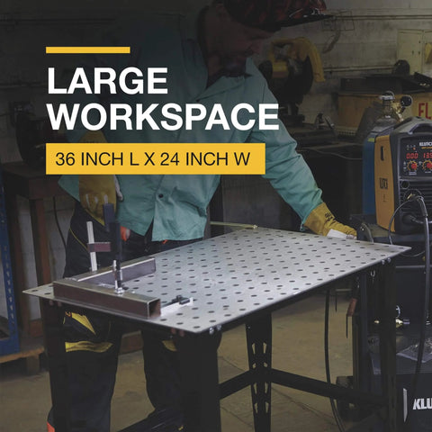 Person using Heavy Duty Steel Welding Table With 24-Piece Fit-Up Tool Kit, 600 Lb Capacity, 36 In L X 24 In W X 33 1/4 In H, 16 mm holes