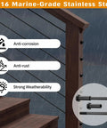 Black Sleek Hidden Cable Railing Hardware Kit For 2x2 Posts, 20 Pack, shown on wood deck with anti-corrosion features.