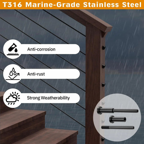 Black Sleek Hidden Cable Railing Hardware Kit For 2x2 Posts, 20 Pack, shown on wood deck with anti-corrosion features.