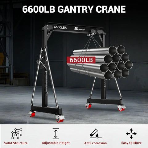 Heavy Duty Gantry Crane 6600 Lbs Capacity With Adjustable Height 8.53 To 12.47 Feet Steel I Beam Construction Portable Shop Hoist