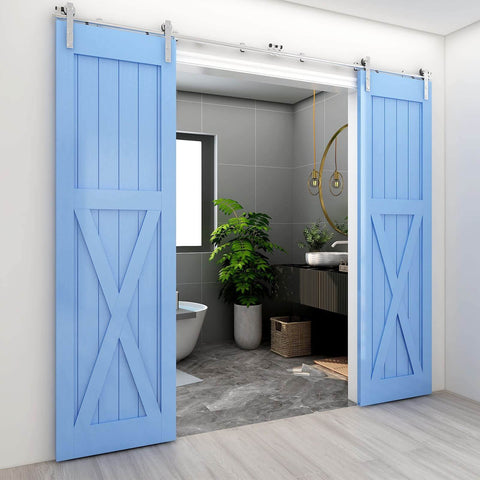 16 Feet Sliding Barn Door Hardware Kit Heavy Duty Stainless Steel Track Brushed Nickel For Double Wood Doors, installed in bathroom