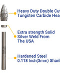 10Pc Double Cut Carbide Burr Set With 0.118 Inch Shank For Rotary Tools, tungsten carbide head and steel shank diagram.