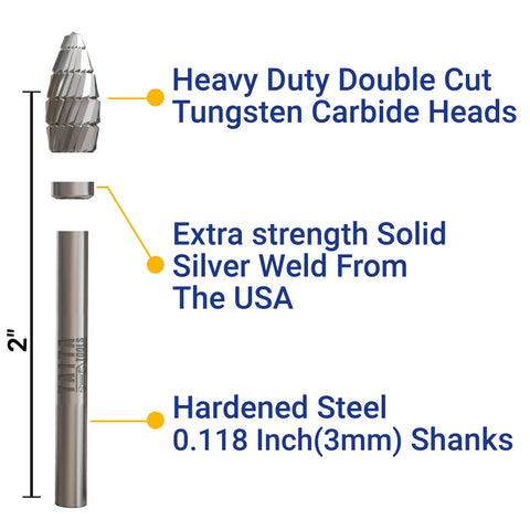 10Pc Double Cut Carbide Burr Set With 0.118 Inch Shank For Rotary Tools, tungsten carbide head and steel shank diagram.