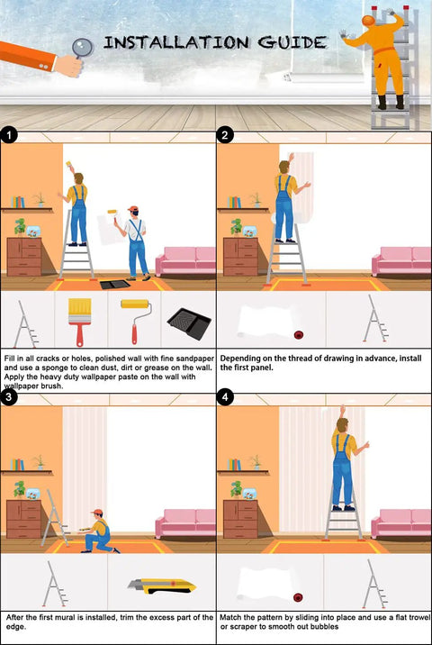 Tropical Monstera Banana Leaf Wall Mural installation guide with steps for adhering 7 strips using paste, not peel-and-stick.