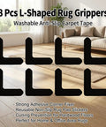 8 Pack L Shaped Rug Grippers, Washable Anti Slip Tape, Reusable Non Slip Rug Pad Stickers on hardwood floor with beige rug.