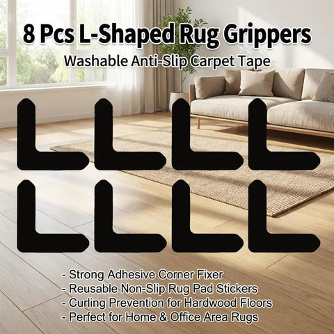 8 Pack L Shaped Rug Grippers, Washable Anti Slip Tape, Reusable Non Slip Rug Pad Stickers on hardwood floor with beige rug.