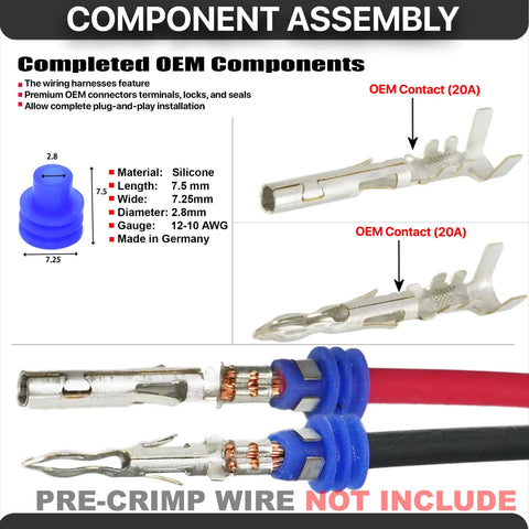 Top Shelf 4 Pin Weather Pack Connector Kit With Male And Female Terminals For 10 And 12 Gauge Wires Featuring Super Tough Sealters And Quick Disconnect Housing That Is Totally Waterproof And Built Like A Tank For Any Automotive Rig Or Heavy Duty Job. Silicone seal and OEM 20A contact with 12-10 AWG wire