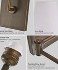 YS.ESUDSI Swing Arm Vintage Wall Sconces with White Fabric Shade Hardwired close-up of metal base, linen shade, and rotatable bracket.