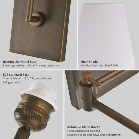 YS.ESUDSI Swing Arm Vintage Wall Sconces with White Fabric Shade Hardwired close-up of metal base, linen shade, and rotatable bracket.
