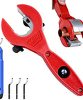 Red ratcheting tubing cutter for copper pipes 5/16–1 1/8 in; 2-in-1 compact tool with deburring and 3 bits