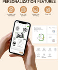 Hands holding a smartphone displaying Portable Sticker Printer Grab And Go Mini Bluetooth Thermal Inkless Printer app features.