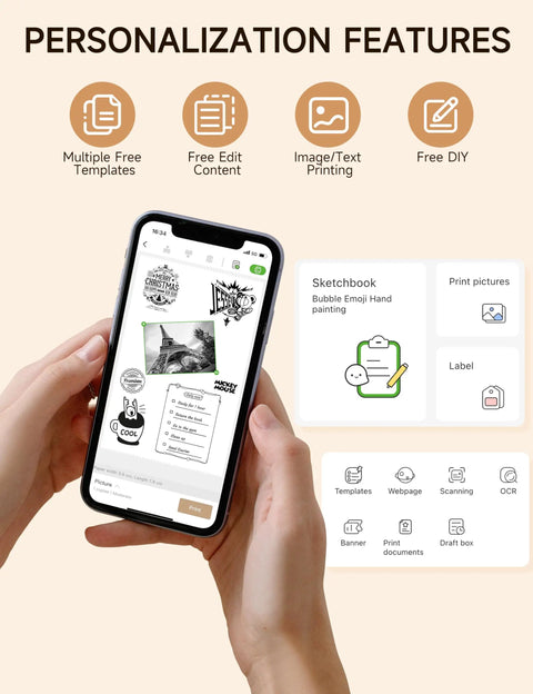 Hands holding a smartphone displaying Portable Sticker Printer Grab And Go Mini Bluetooth Thermal Inkless Printer app features.