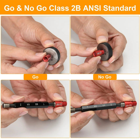 Bolt thread checker gauge collage; black body with red detachable insert, shows M8x1.25 size