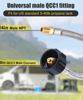 Close-up of Two Pack 12 Inch Stainless Steel Braided RV Propane Hose For Camper Gas Lines 1/4 NPT Male Inlet With QCC1 Quick Connect