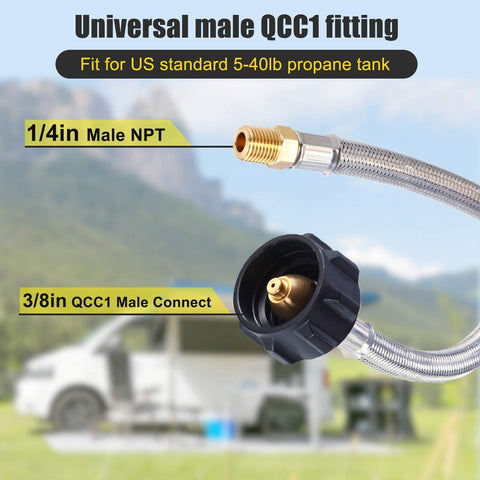 Close-up of Two Pack 12 Inch Stainless Steel Braided RV Propane Hose For Camper Gas Lines 1/4 NPT Male Inlet With QCC1 Quick Connect