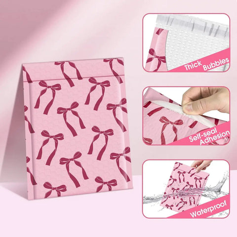 Pink Bows Bubble Mailers Set 6x10 Outer 6x9 Inner Padded Envelopes with thick bubbles, self-seal adhesion, and waterproof design