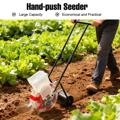 Manual Garden Seeder Hand Push Planter With 7 Nozzles in use on a farm row next to green crops, durable construction.