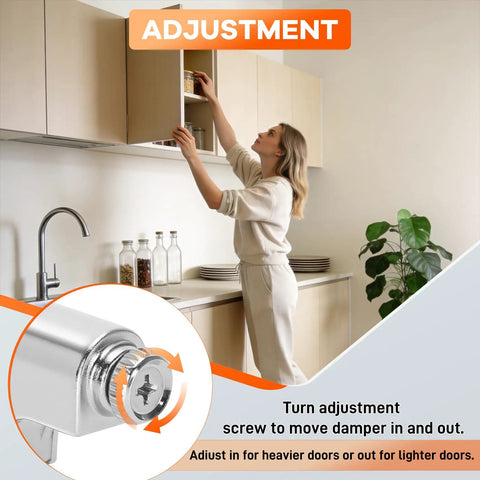 15 Piece Soft Close Damper Set For Cabinet Doors And Wardrobes With Heavy Duty Silicone Cushion To Eliminate Noise And Provide Smooth Gentle Closure Easy Diy Installation For Kitchen Update Bookshelf Upgrade Game Changer For Your Home - woman adjusting cabinet door with damper