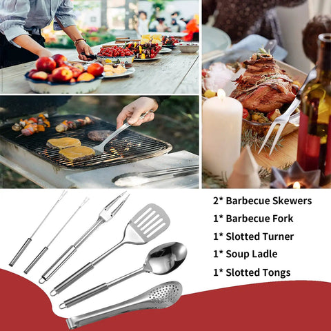 Heavy Duty 27 Piece Camping Cookware Kit With Stainless Steel Grilling Utensils used for BBQs and dinners outdoors