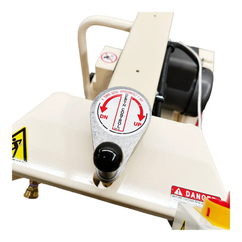 Depth control lever on Rugged No Fuss 18 Inch Electric Walk Behind Saw Equipped With A Game Changing Five Horsepower Motor.