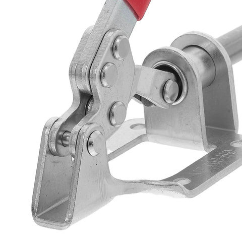 Close-up view of a 4 Piece Quick Release Push Pull Toggle Clamp for woodworking, made from heavy duty zinc plated steel.