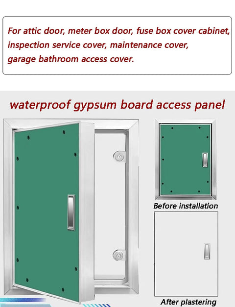 Heavy Duty Waterproof Gypsum Access Panel With Slick Flush Mount Fire Rated Inspection Door Solid Aluminum Frame, showing before and after installation.