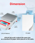 Pro Grade Ultra Precise Lab Scale 5000G X 0.01G Digital Balance with 0.01G Accuracy shown next to A4 paper for size comparison