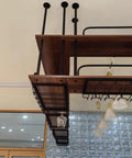 Industrial Dope Two Tier Ceiling Mount Wine Rack With Glass Holders For Home Bar Or Restaurant, iron and wood detail view