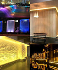 Multi-angle displays of 108W RGB Wall Washer Light with 24 Key RF Remote, illuminating indoor and outdoor settings.