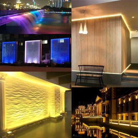 Multi-angle displays of 108W RGB Wall Washer Light with 24 Key RF Remote, illuminating indoor and outdoor settings.