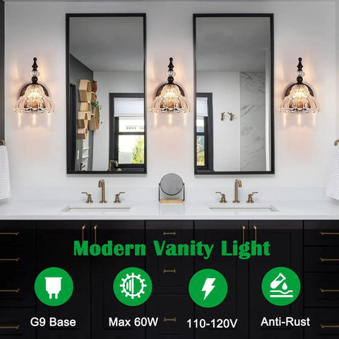 Matte Black Modern Bathroom Vanity Light Fixture Over Mirror Wall Sconces For Bedroom Hallway Living Room With Warm Soft White Led Glow And Easy Mount Dope Flower Shape Design shown above a double sink.