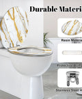 Round Resin Toilet Seat for Bathroom with gold marbling design, fitting standard toilets, featuring stainless steel hinges.